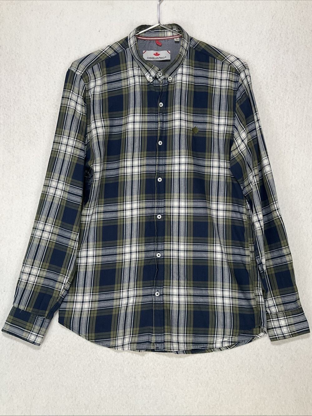 Dsquared2 Men's Navy Olive Lightweight Plaid Button Down Casual Shirt Large